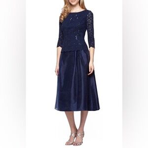 Alex Evenings Lace Sequin Organza Long Sleeve Midi Dress Blue Sz 10